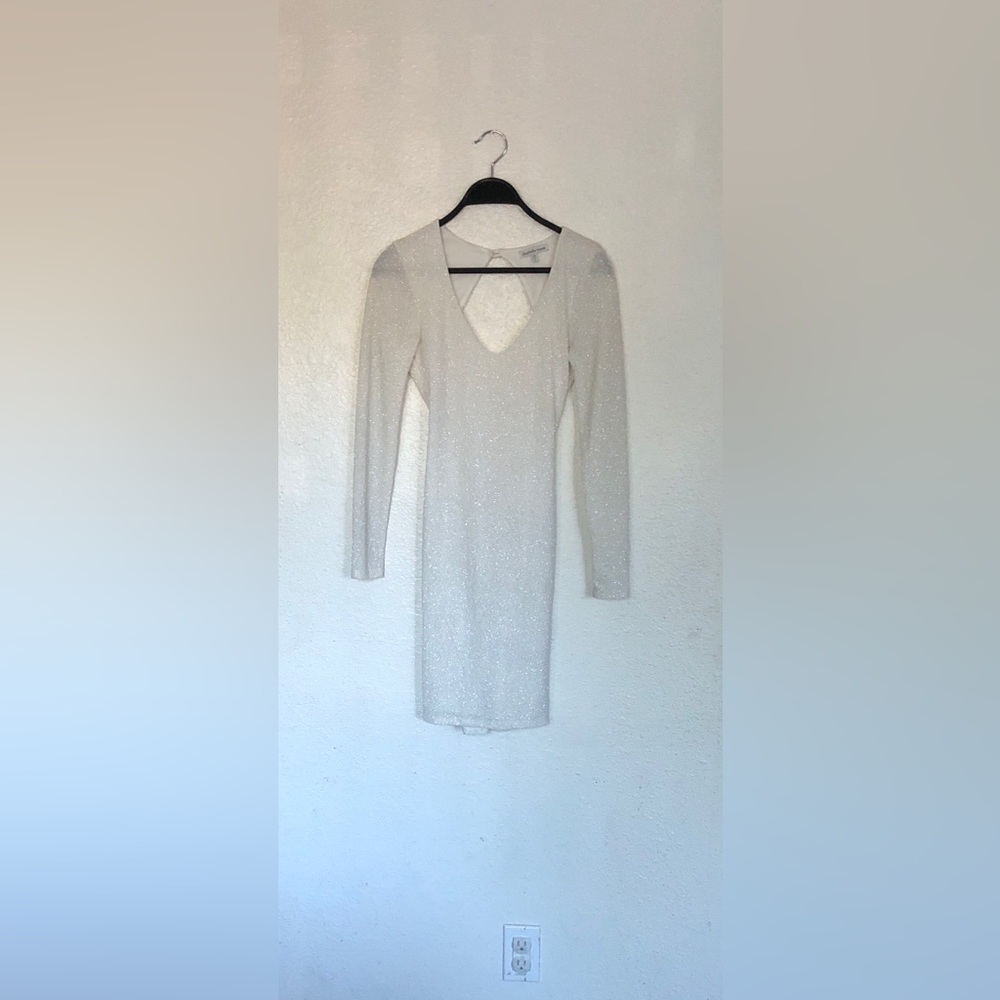 Charlotte Russe Sparkle V-Neck Long Sleeve Bodycon Dress in Cream